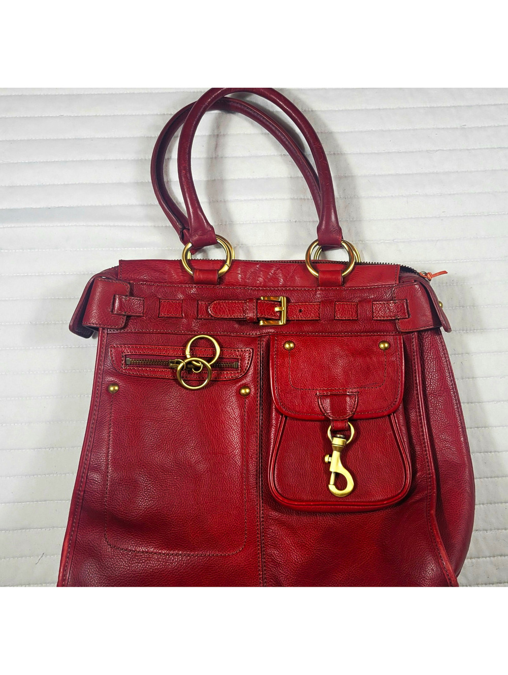 Via Spiga Red Satchel Top Handle Bag Double Handles Zip Closure Gold Hardware